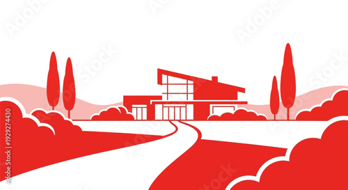 Modern House Illustration with Red Trees.