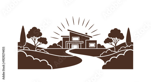 Modern House Illustration with Trees and Hills.