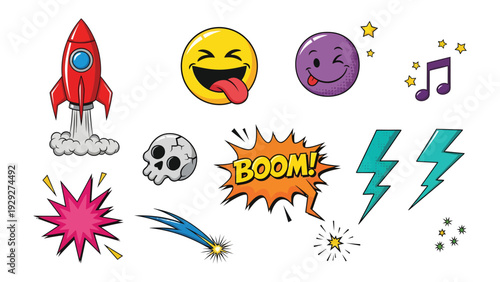 Pop Art Elements: A vibrant collection of pop art elements, including a rocket, emojis, musical notes, and comic book exclamations, bursting with color and playful energy.