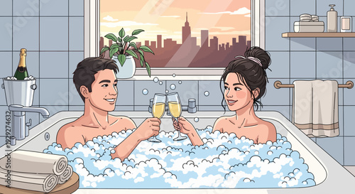 Couple toasting in a bathtub with champagne against a cityscape at sunset in a bathroom illustration