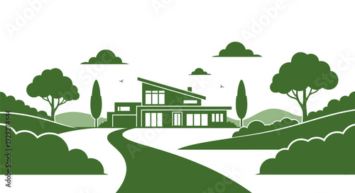 Modern House Illustration with Trees and Landscape.