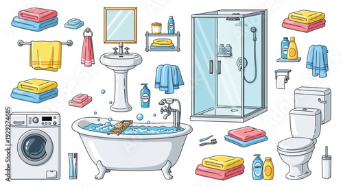 Illustration of a bathroom scene with bathtub, shower, toilet, sink, and towels from a top-down viewpoint