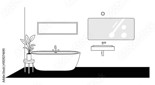 Modern Bathroom Interior with Freestanding Tub and Potted Plant Illustration
