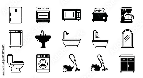Collection of black and white bathroom and kitchen icons displayed on a clean white background