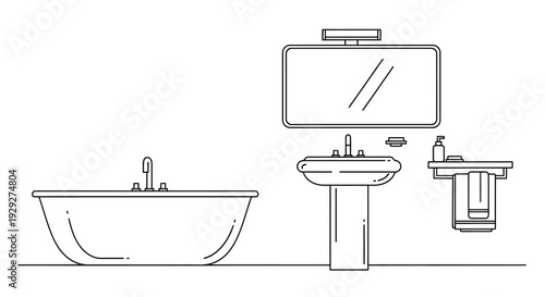 Modern Bathroom Interior with Bathtub, Sink, and Mirror Illustration from a Straight-On Viewpoint