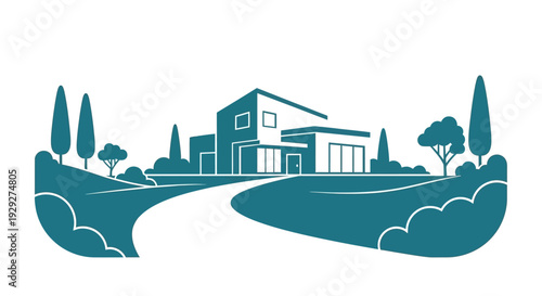 Modern House Illustration with Trees and Lawn.