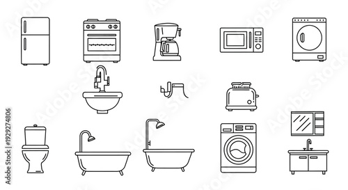 Collection of modern bathroom and kitchen appliances in a minimalist line art style