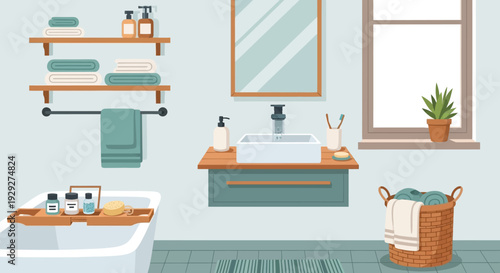 Modern Bathroom Interior with Towels and Toiletries on a Sunny Day