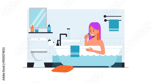 Woman relaxing in a bathtub with purple hair, enjoying a serene bathroom scene, viewed from the side