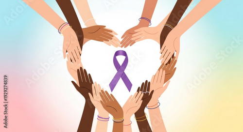 Diverse hands forming heart shape around purple awareness ribbon on colorful background symbolizing unity and support for a cause