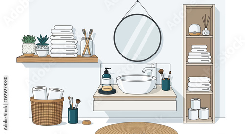 Modern bathroom interior with sink, mirror, shelves, towels, and toiletries in a serene setting