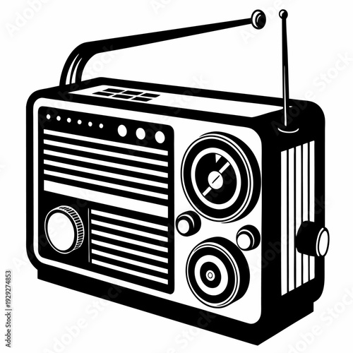 Vintage retro radio black and white illustration classic broadcast nostalgia antique receiver