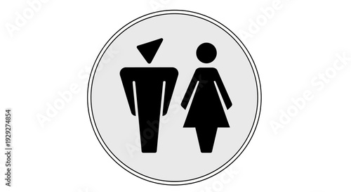 Simple black and white pictogram of man and woman in circular frame indicating public restroom or toilet sign