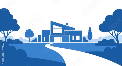 Modern House Illustration with Trees and Pathway.