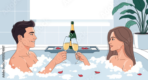 Couple Relaxing in Whirlpool Bath with Champagne and Rose Petals, Smiling at Each Other, Bathroom Scene, Intimate Moment, Top View