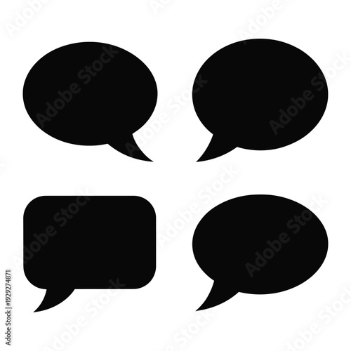 Communication Bubbles: A quartet of black speech bubbles, designed to convey thoughts, ideas, and dialogues, float serenely, their clean shapes ready to carry a thousand conversations.