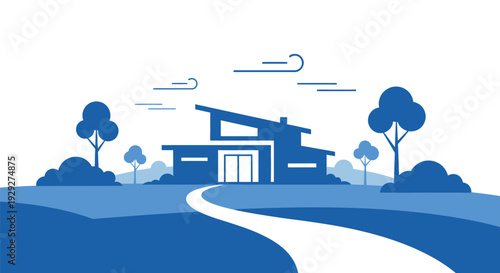 Modern House Illustration with Trees and Pathway.
