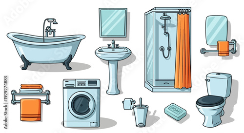 Collection of bathroom fixtures and appliances illustrated in a clean and modern style