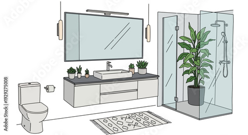 Illustration of a modern bathroom with toilet, sink, mirror, shower, and plants from a top-down viewpoint