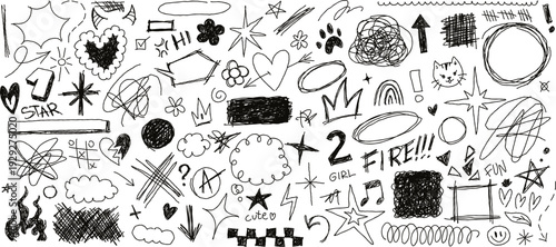 Hand drawn pencil doodles and scribbles, rough sketch swirls, messy frames and arrows. Black pen grunge lines, stars and squiggles, cute childish sketches, abstract marker doodle drawings vector set