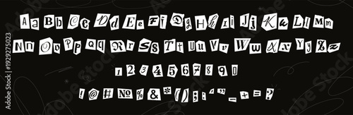 Grunge paper cut out collage font, anonymous letter style typography. Magazine clippings with letters and numbers, newspaper cutout alphabet for ransom note with hand drawn doodles vector illustration