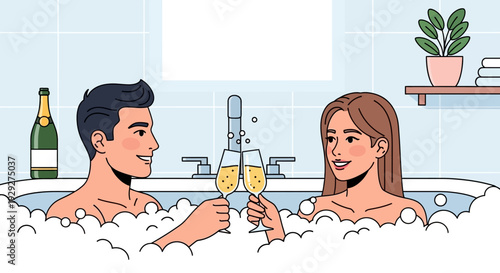 Couple Relaxing in a Bubble Bath with Champagne, Toasting Together in a Bathroom Scene, Viewed from the Side