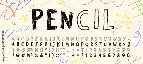 Hand drawn childish pencil font, playful alphabet kid scribbles with crayon texture. Grunge bold pen letters and numbers doodles, cute vector scrawled abc font for school and kindergarten