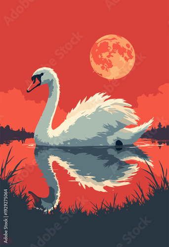 Swan gliding water, but intensely menacing, elegant manga aura reflection water is jagged dark Symmetrical, highcontrast composition Red, black, cream No text