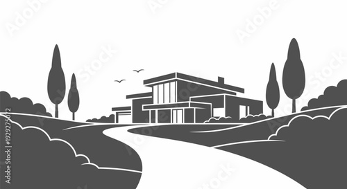 Modern House Illustration with Trees and Pathway.