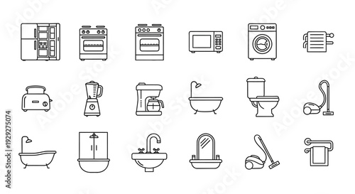 Collection of line icons representing bathroom fixtures and appliances, including sinks, toilets, showers, and washing machines, displayed on a clean white background.