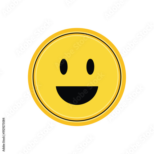 A yellow, smiling face on a white background, emoji style