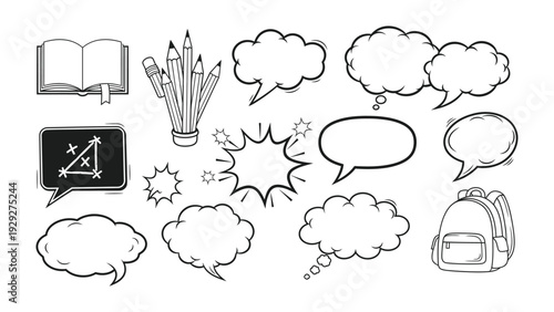 Sketchy School Set: A collection of hand-drawn school-themed elements, including an open book, pencils, speech bubbles, and a backpack, perfect for educational design and communication.