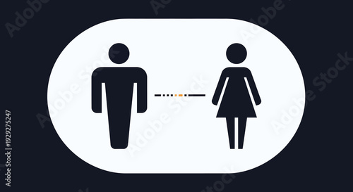 Man and woman standing apart with dotted line between them, symbolizing social distance or separation