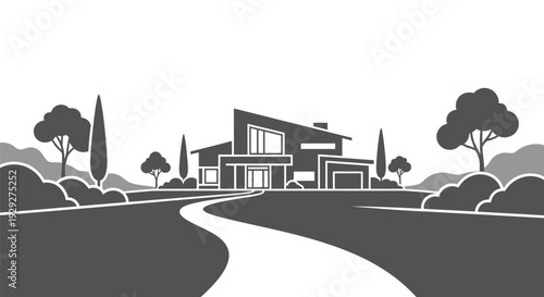 Modern House Illustration with Trees and Pathway.