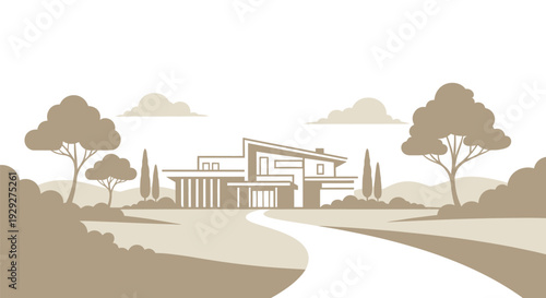 Modern House Illustration with Trees and Pathway.