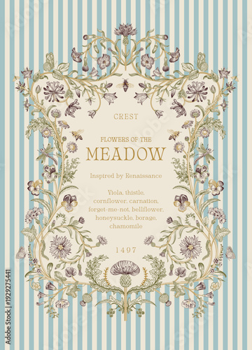 Flowers of the Meadow. Floral crest. Vector vintage illustration. Inspired by the Renaissance. Blue and gold 
