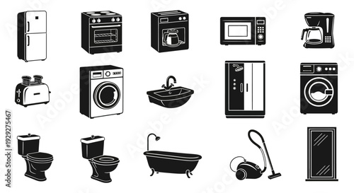 Collection of black and white illustrations of various household appliances and bathroom fixtures displayed in a grid layout