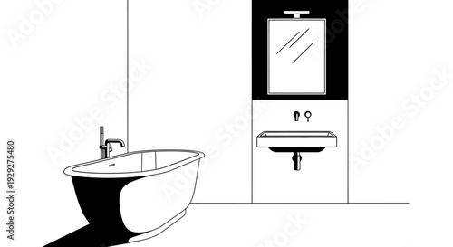 Modern bathroom scene with bathtub, sink, mirror, and cabinet, viewed from the side in a minimalist illustration