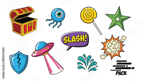 Whimsical Cartoon Elements: An assortment of playful and vibrant cartoon elements, including a treasure chest, a one-eyed creature, lollipop, star-shaped shuriken, speech bubble, explosion effect.