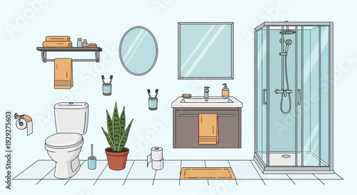 Modern Bathroom Scene with Toilet, Sink, Shower, Plant, and Towels in a Clean Environment from a Front Viewpoint