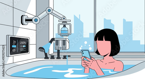 Woman relaxing in bathtub using smartphone with robotic arm nearby in modern bathroom