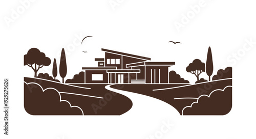 Modern House Illustration with Trees and Pathway.