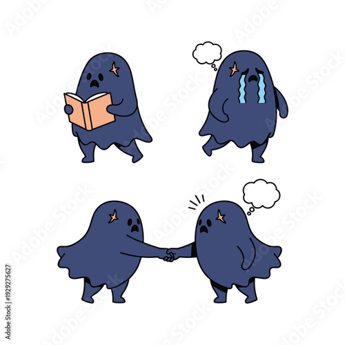 Cartoon ghost characters showing empathy and support with copy space