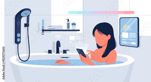 Woman relaxing in a bathtub with a digital tablet and a modern shower head nearby in a bathroom