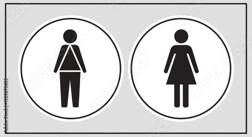 Simple black and white pictogram signs for male and female restrooms displayed on a gray background