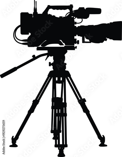 Professional digital cinema camera silhouette on tripod for movie production television broadcasting film industry and media recording isolated on white background for graphic design