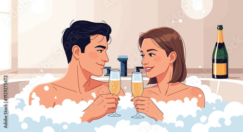 Couple Celebrating in a Relaxing Hot Tub Experience with Champagne and Bubbles