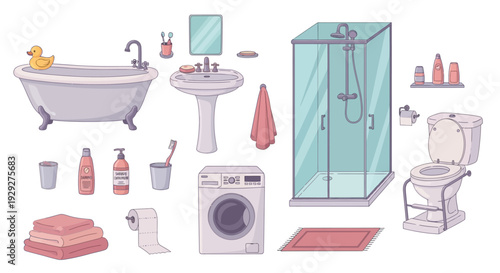 Bathroom essentials and laundry items arranged neatly in a clean and modern bathroom scene illustration