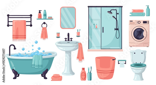 Bathroom Essentials and Fixtures Illustration Featuring Bathtub, Sink, Toilet, Towels, and Accessories