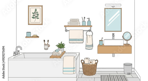 Bathroom interior illustration featuring sink, mirror, bathtub, towels, and toiletries in a clean environment viewed from the front